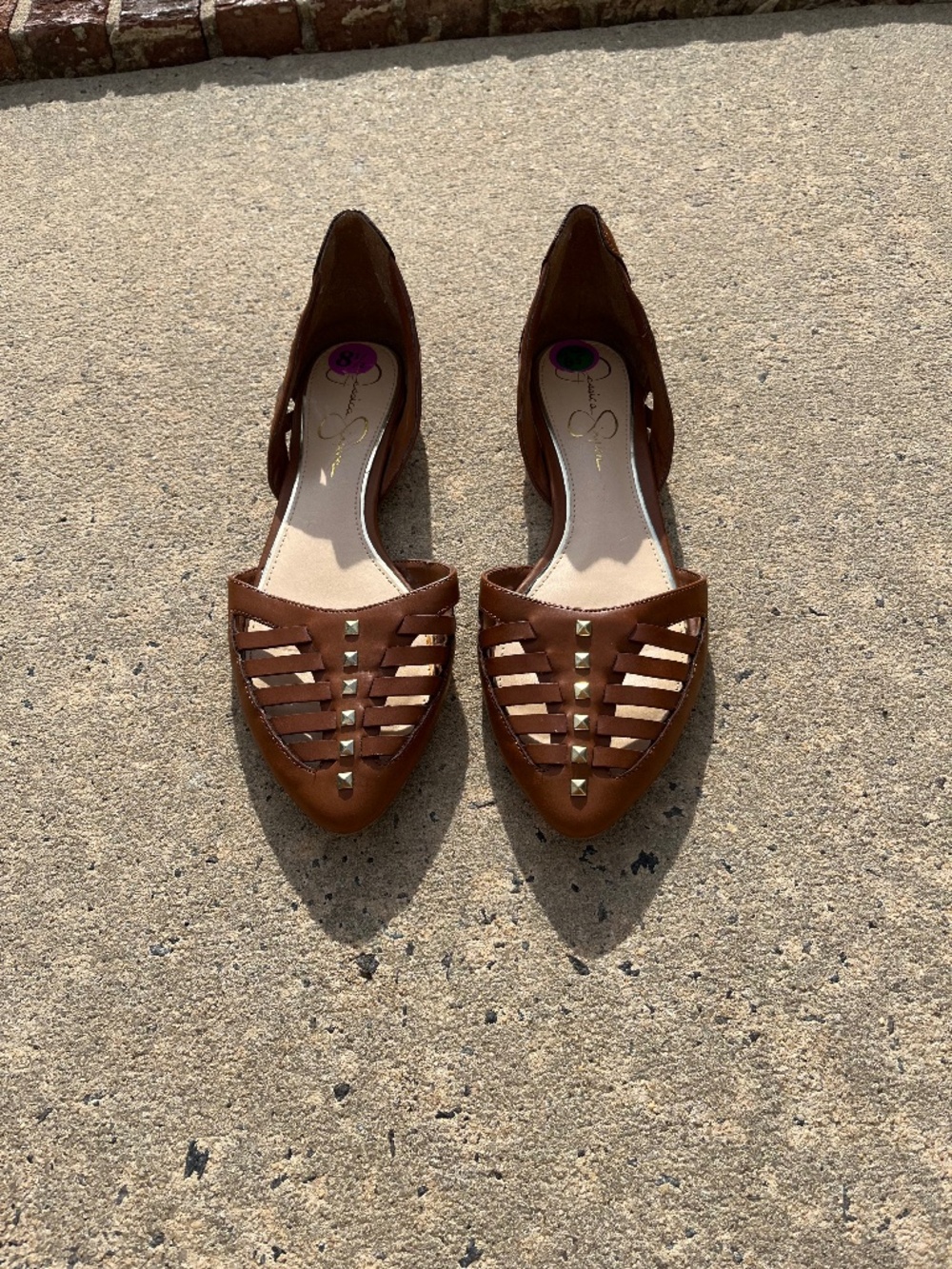JESSICA SIMPSON— Brown Leather Studded Woven Flats, women’s size 8.5